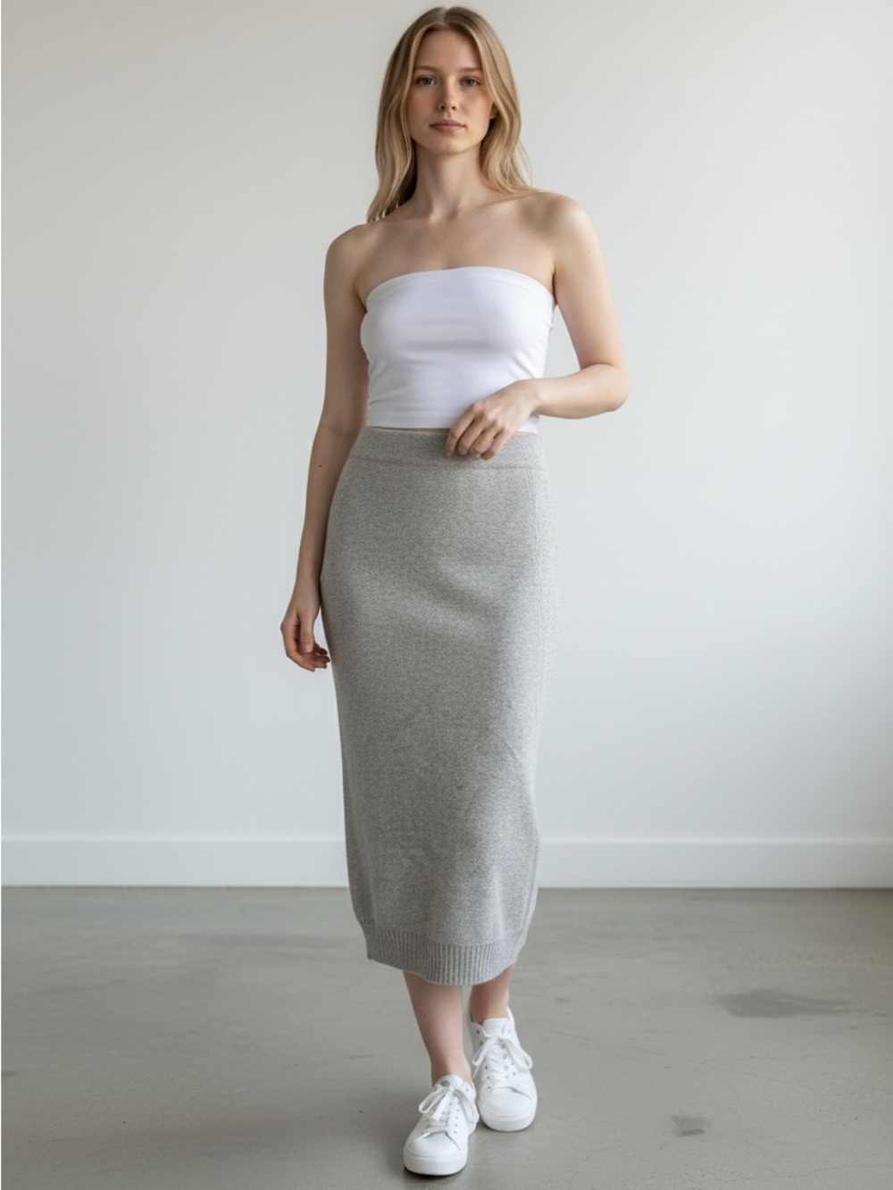 Bysia Classic Knit Midi Skirt - Light Gray